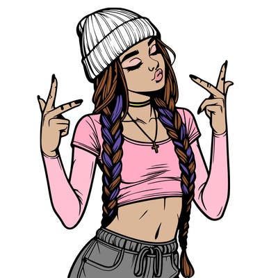 realistic teenage girl with braids and a beanie and crop top doing 🫶🏼