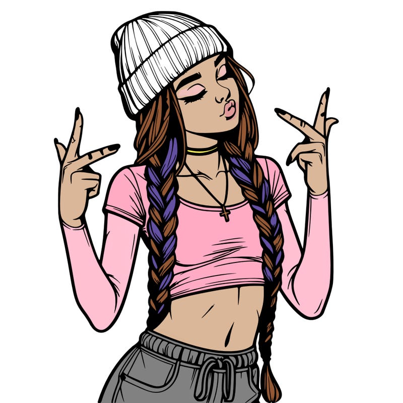 realistic teenage girl with braids and a beanie and crop top doing 🫶🏼