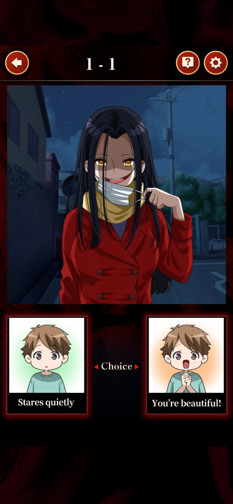 Promise with a Monster - A choice-based interaction in Promise with a Monster featuring a grinning monster girl and two dialogue options for the player.