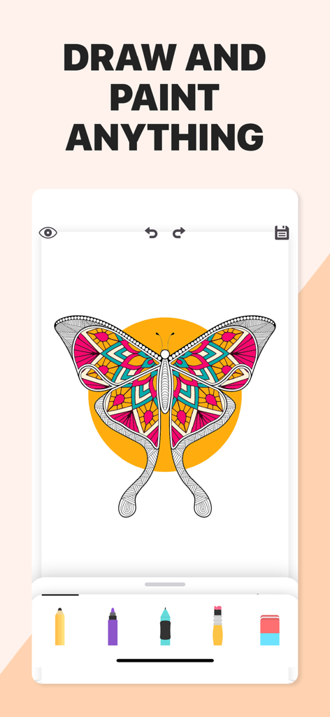 Drawing Pad - Sketchbook App. - Interfaz de la app Drawing Pad mostrando un dibujo de mariposa colorida y pinceles artísticos