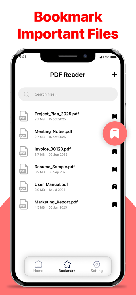 重要なドキュメントにすばやくアクセスできるようにブックマークする機能を示すPDFリーダーアプリのモバイル画面。