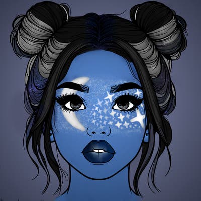 realistic girl with two buns on her hair and lips