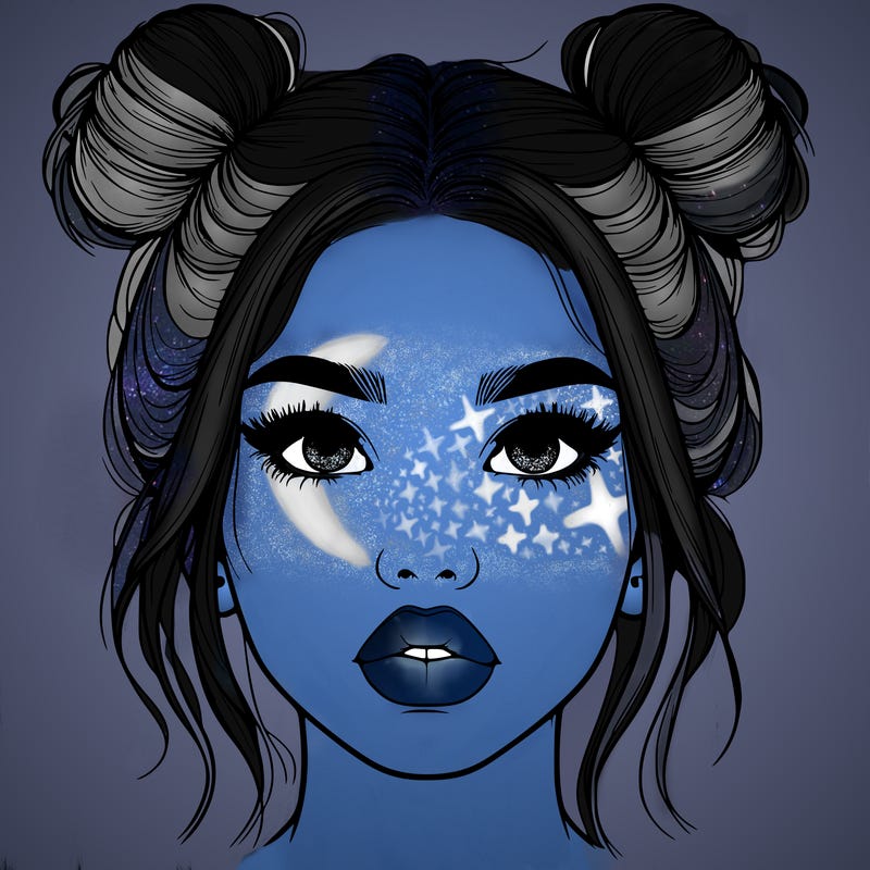 realistic girl with two buns on her hair and lips