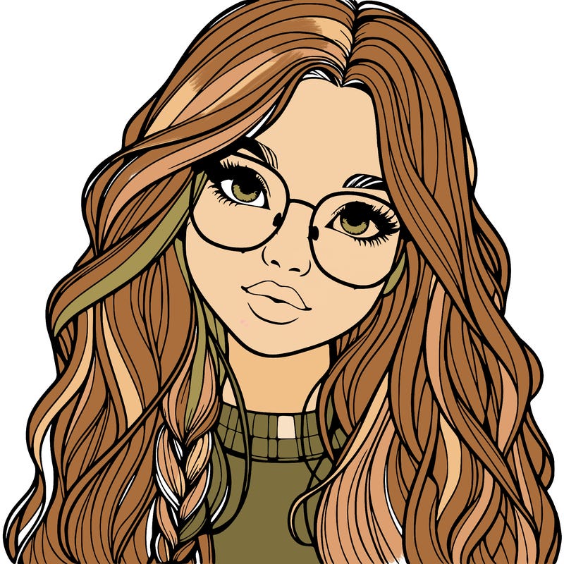 girl with long hair and freckles and glasses realistic