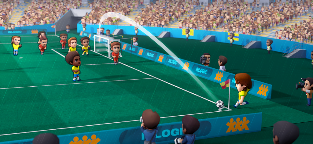 Soccer Mini Stars: Football 24 - A mini soccer player taking a corner kick during a rainy match in Soccer Mini Stars