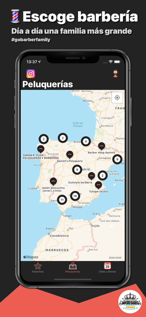 A mobile screen showing a map with various barbershop locations available for booking on the GoBarber app.