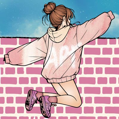 realistic girl jumping with a bun and oversized sweatshirt