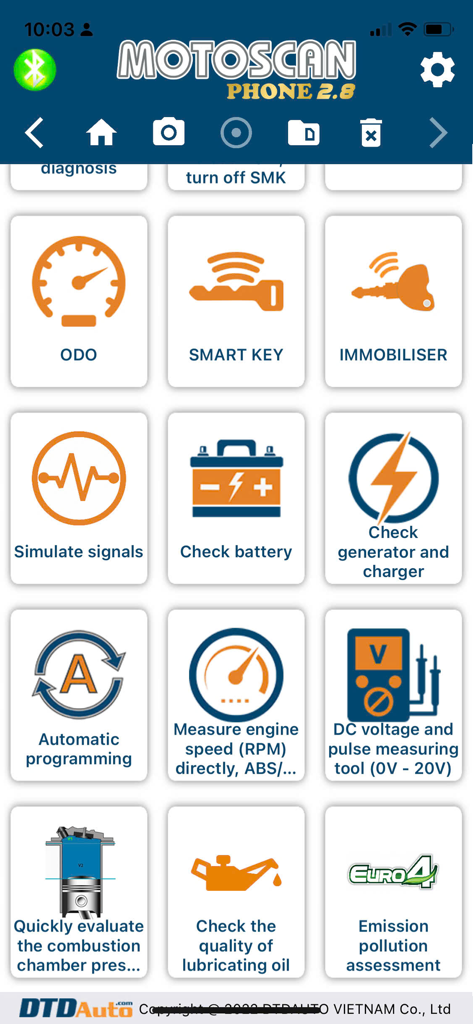 Dashboard of Motoscan Phone app with motorcycle repair tools