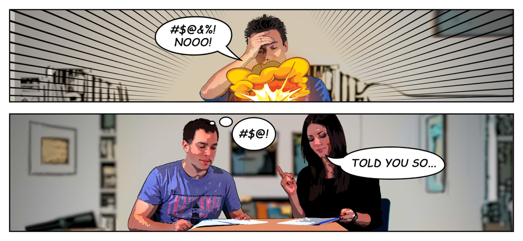 Comic style illustration showing a failed bomb defusal and frustrated players in the co-op game Them Bombs