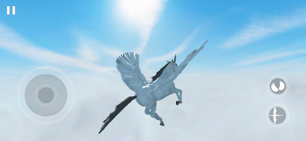 Flying Unicorn Simulator 2024 - A white winged unicorn flying through a blue sky above the clouds