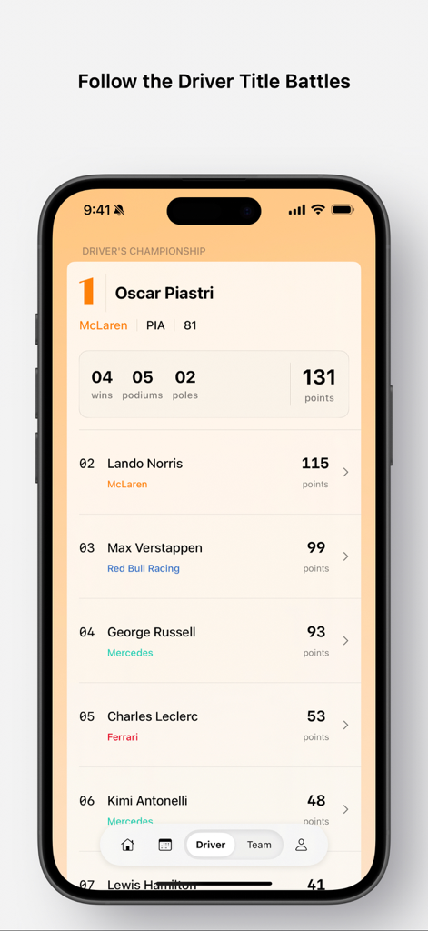 Formula Apex 앱 인터페이스로, F1 드라이버 챔피언십 순위 및 통계를 보여줍니다.