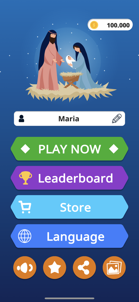 Bible Word Puzzle Games - Main menu screen of the Bible Word Puzzle app showing a Nativity scene and game navigation buttons.