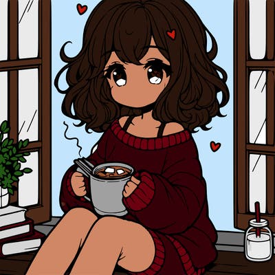 cute anime girl reading book and drinking hot chocolate from mug with loose wavy hair wearing a baggy sweatshirt and shorts sitting by windowsill looking out