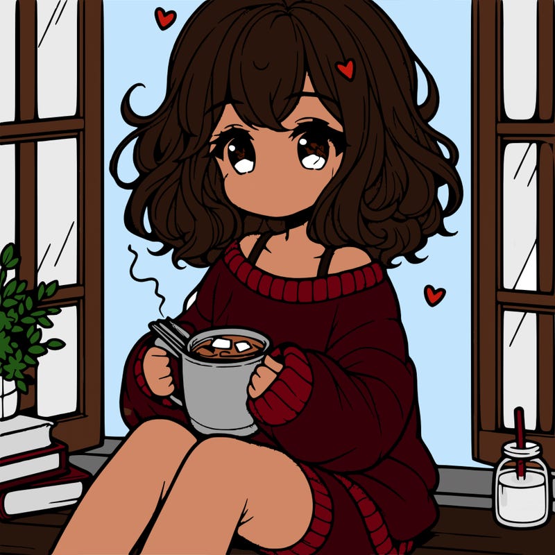 cute anime girl reading book and drinking hot chocolate from mug with loose wavy hair wearing a baggy sweatshirt and shorts sitting by windowsill looking out