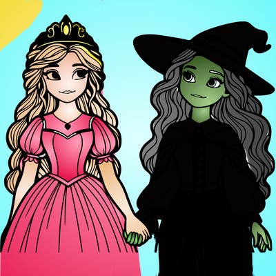 a princess and a witch holding hands realistic