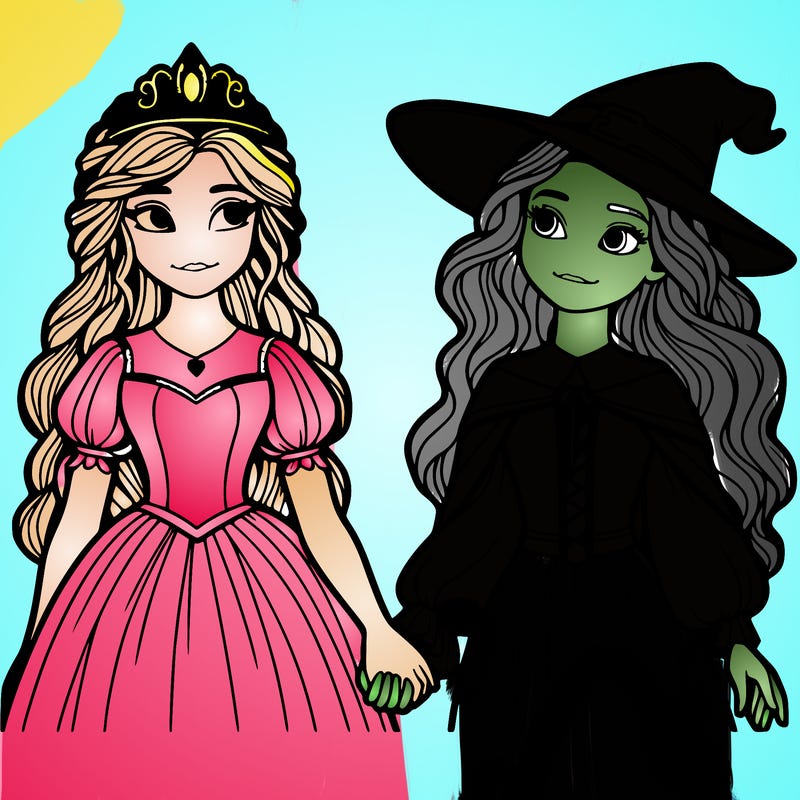a princess and a witch holding hands realistic