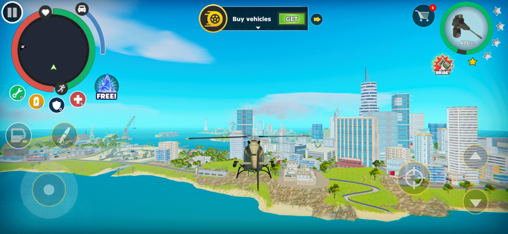 Rope Hero: Mafia City Wars - Superhero pilot flying a helicopter over an open world city in Rope Hero