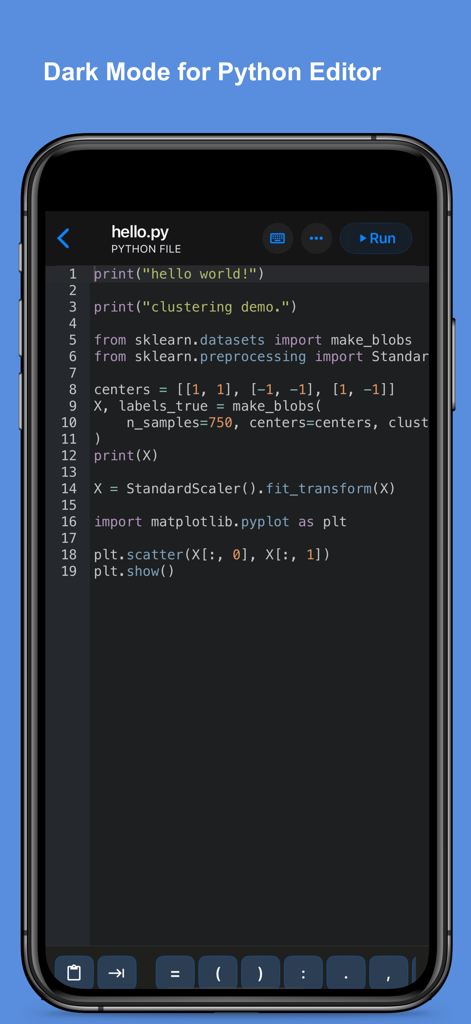 Python Coding IDE - Python Coding IDE interface in dark mode showing a code editor with a machine learning script on an iPhone