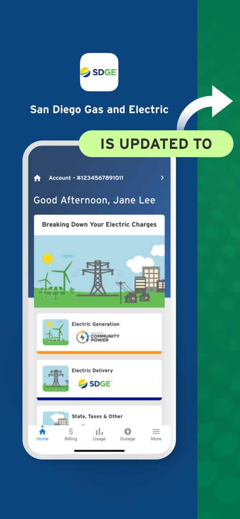 My Energy Center - Mobile app interface of My Energy Center showing a breakdown of electric charges for San Diego residents