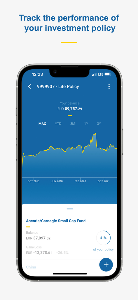 Ancoria OnLine mobile app interface showing a performance graph and fund balance for a life investment policy