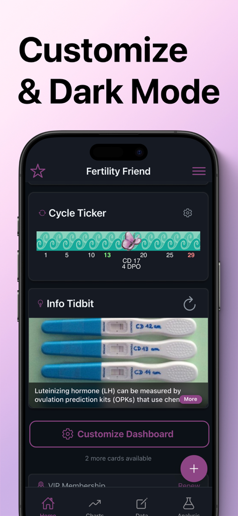 Fertility Friend app interface in dark mode featuring a cycle ticker and customizable dashboard