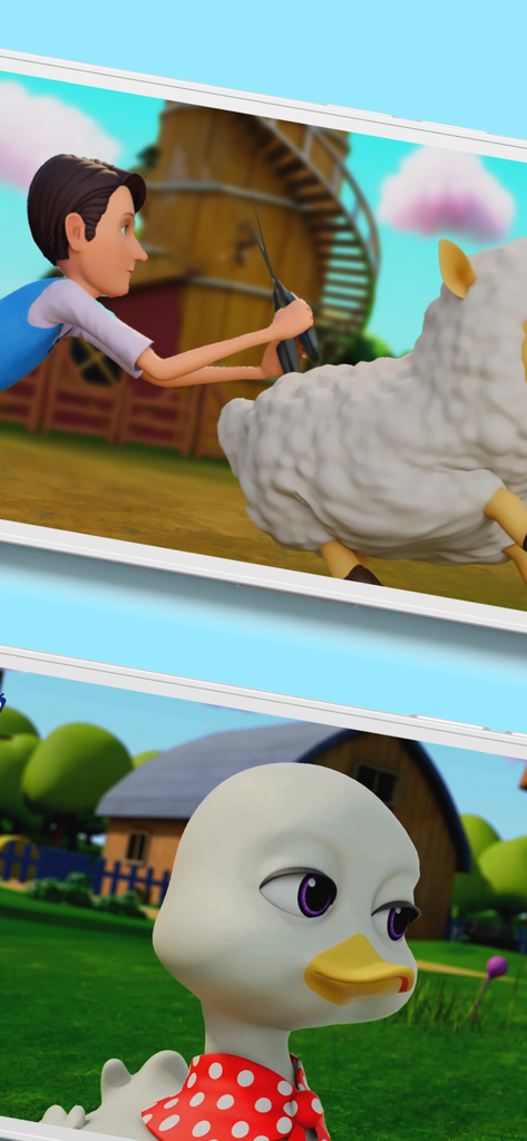 Scènes de dessins animés en 3D de l'application BabaSharo Kids mettant en scène des animaux de la ferme.