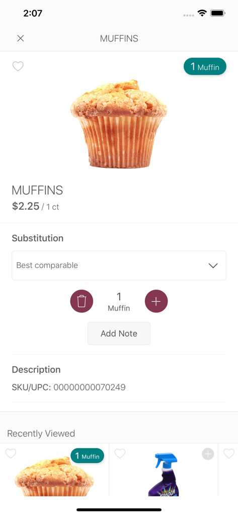 Pagina dei dettagli del prodotto per un muffin nell'app Marketplace Bermuda che mostra il prezzo e le opzioni del carrello.
