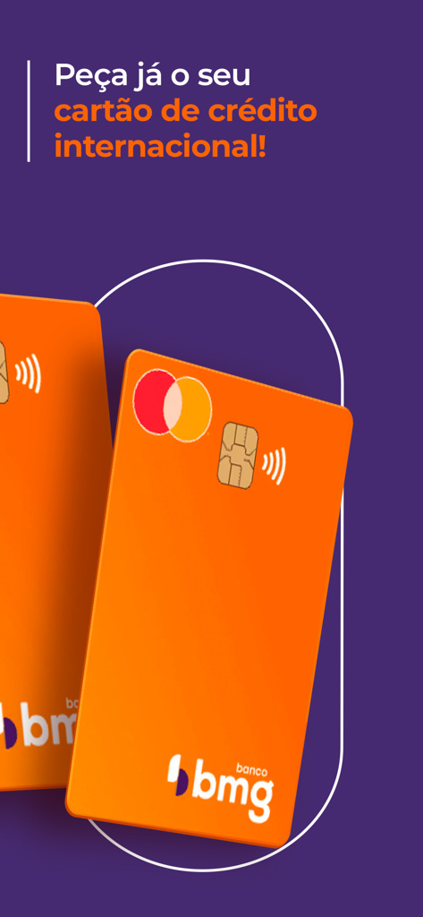 Dois cartões de crédito internacionais laranja do Banco BMG em um fundo roxo com texto promocional em português.