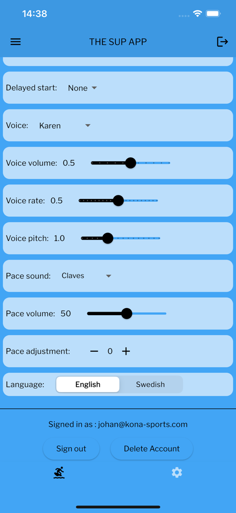 The Sup App - 음성 내레이션 볼륨 및 패들 속도 메트로놈 소리에 대한 사용자 지정 옵션을 표시하는 The Sup App 설정 화면