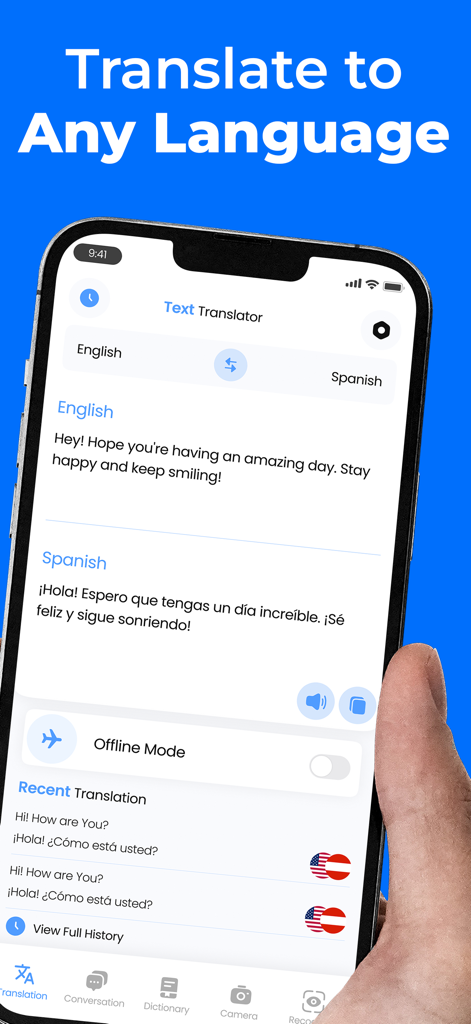 英語からスペイン語へのテキスト翻訳とオフラインモードトグルを表示するモバイルアプリインターフェイス