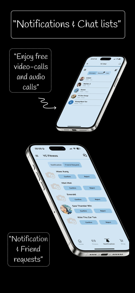 Interface of YC Fitness app showing the chat list and friend request notifications on two smartphone screens