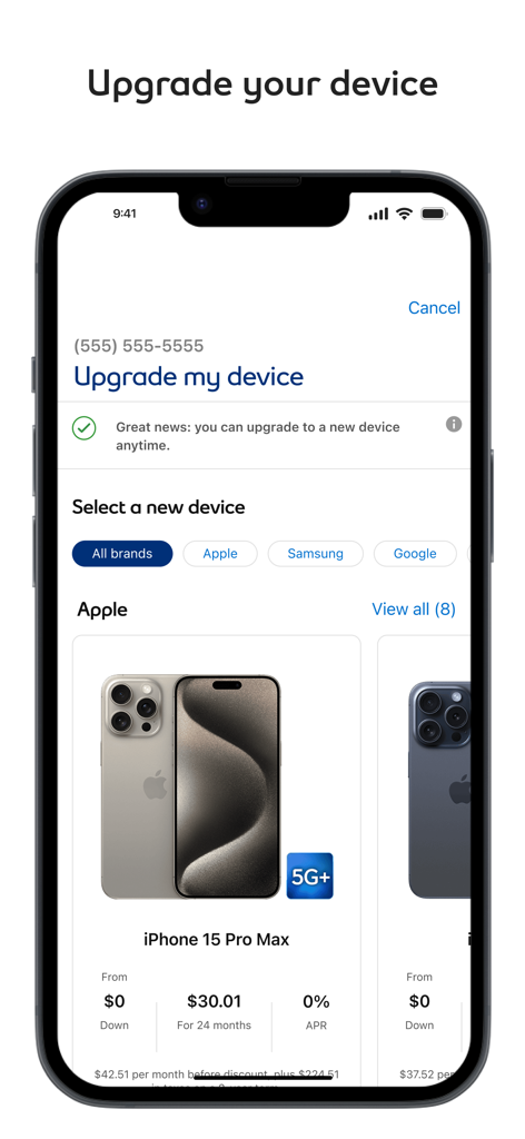 Capture d'écran de l'application MyBell affichant les options de mise à niveau d'un appareil mobile avec un iPhone 15 Pro Max.