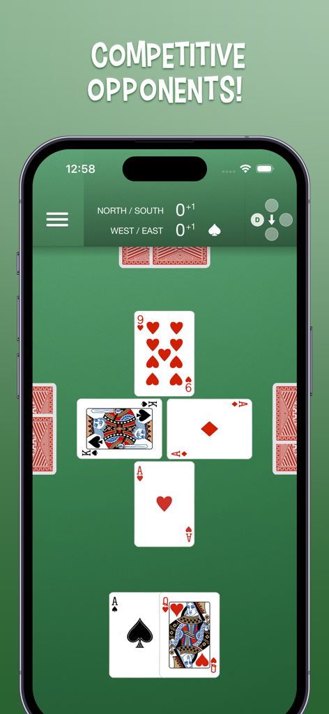 경쟁 AI 상대와 함께 녹색 테이블에서 전통적인 카드 게임 인터페이스를 보여주는 Euchre Plus Plus의 게임 플레이 화면