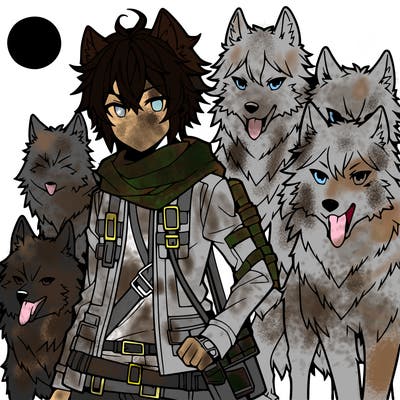 anime wolf boy with a pack of wolves