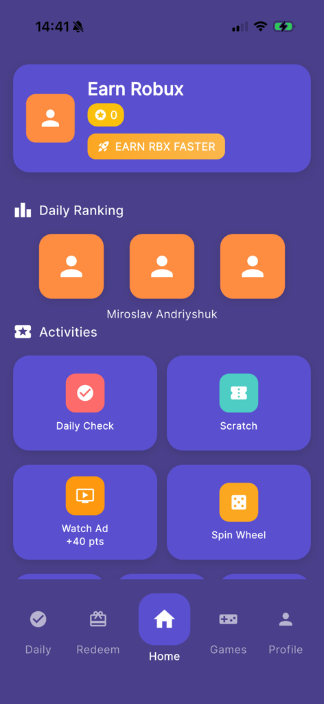 Get RBX Points - skins blox - Mobile app home screen for earning points with activities like daily checks, scratch cards, and a spin wheel