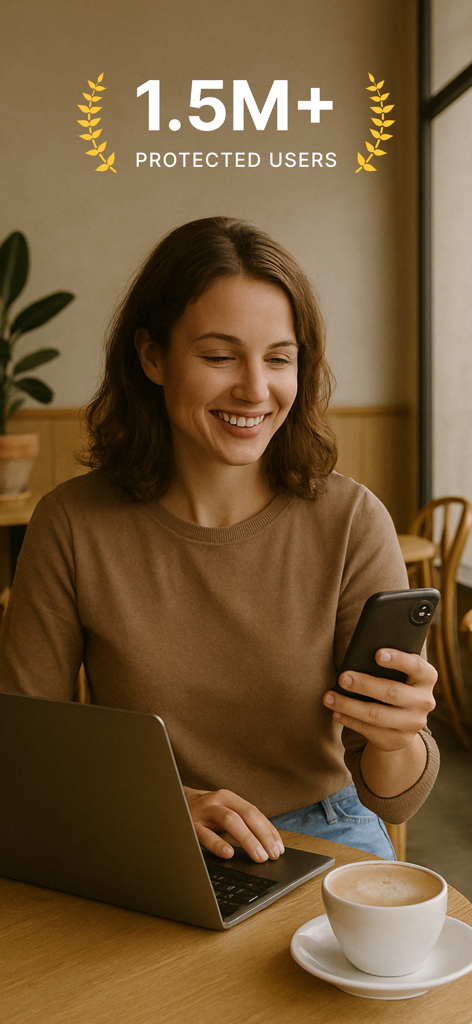 A smiling woman using a laptop and smartphone with a text overlay stating over one point five million protected users