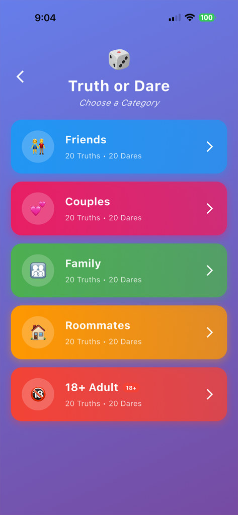 1 2 3 4 5 Players Party Games - Pantalla de selección de categorías de Verdad o Consecuencia con opciones para Amigos Parejas Familia y Compañeros de Piso