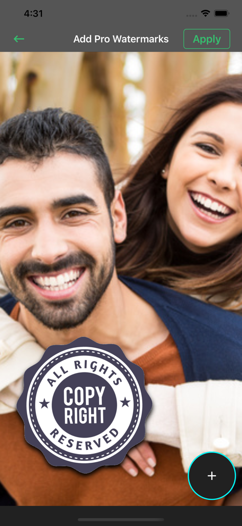 Mobile app interface showing a copyright reserved watermark badge being applied to a photo of a couple.