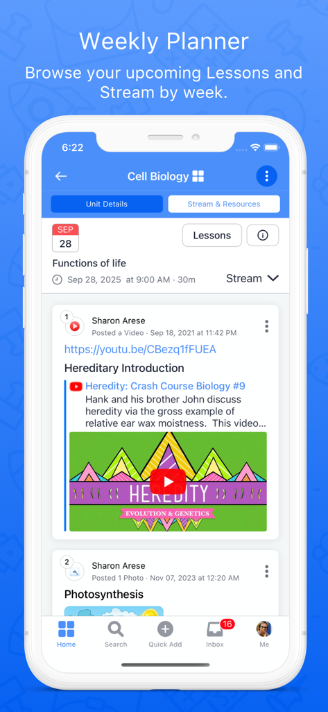 ManageBac - ManageBac app screen showing a weekly planner with biology lessons and study resources.