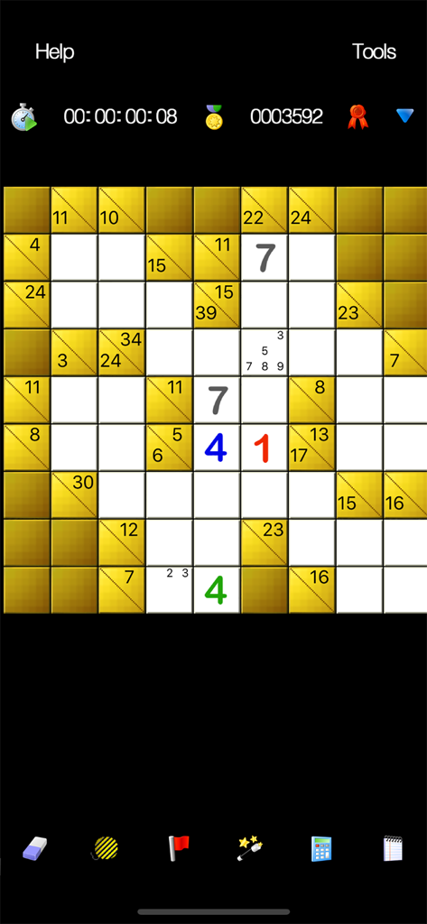 A gold themed Kakuro logic puzzle grid with color coded numbers and pencil notes in the Kakuro u mobile app