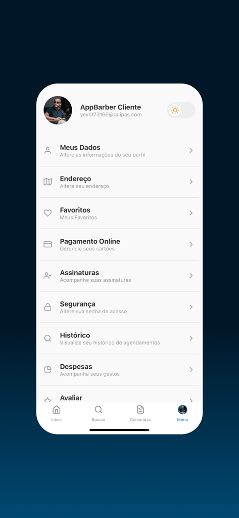 AppBarber: Cliente - Menü für Benutzerprofil und Kontooptionen in der AppBarber-App