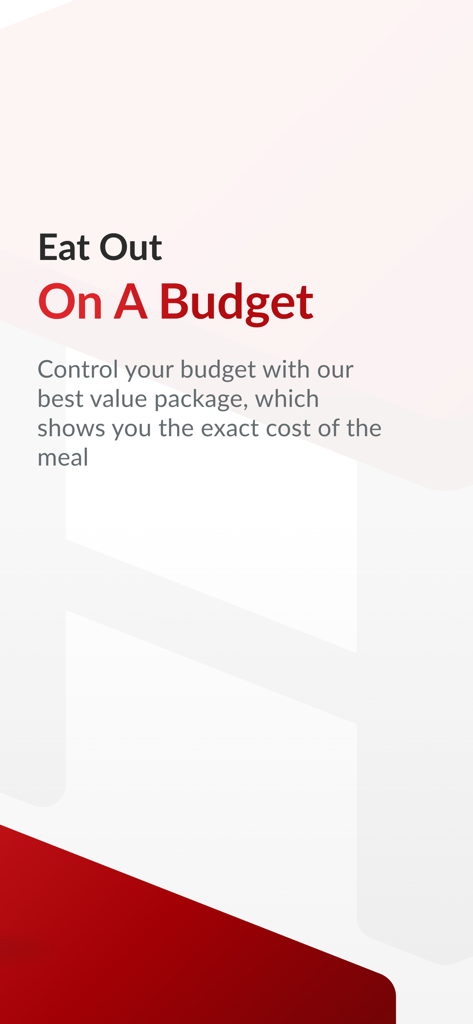 Promotional screen for Hungry Hub app explaining how to eat out on a budget with fixed-price meal packages