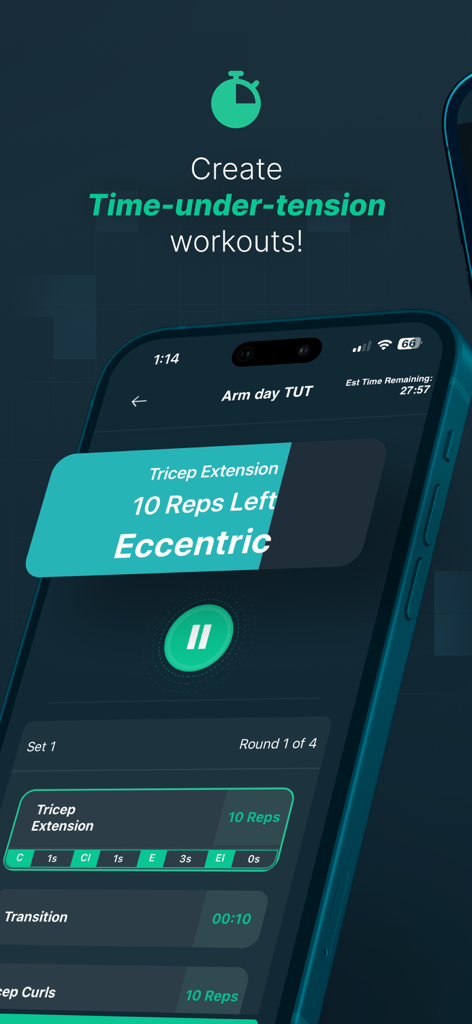 Workout Timer: Intervals & TUT - Interface do aplicativo Workout Timer mostrando treinamento de Tempo Sob Tensão para extensões de tríceps.
