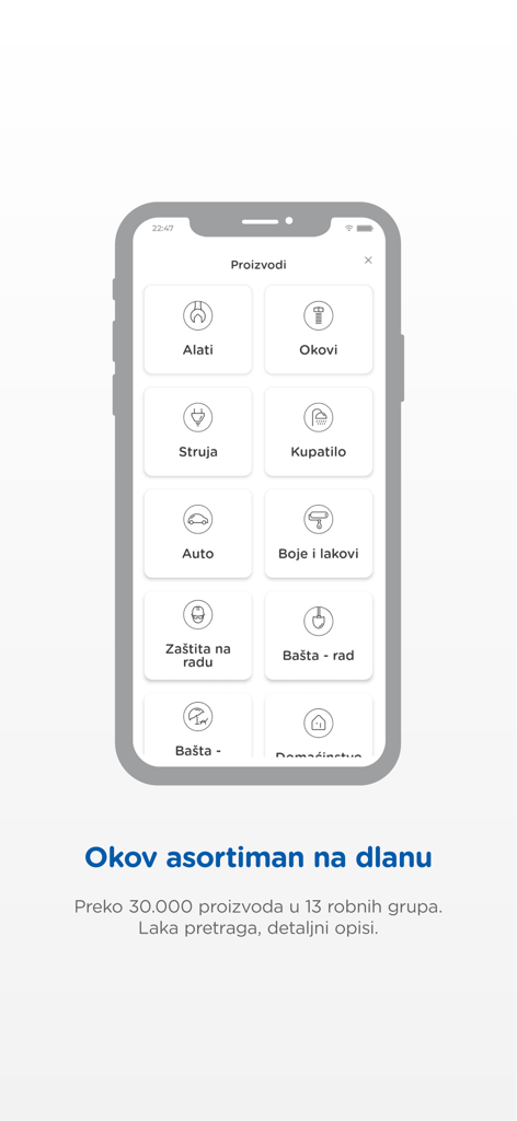 Okov - Okov mobile app interface showing various product categories for home improvement and hardware