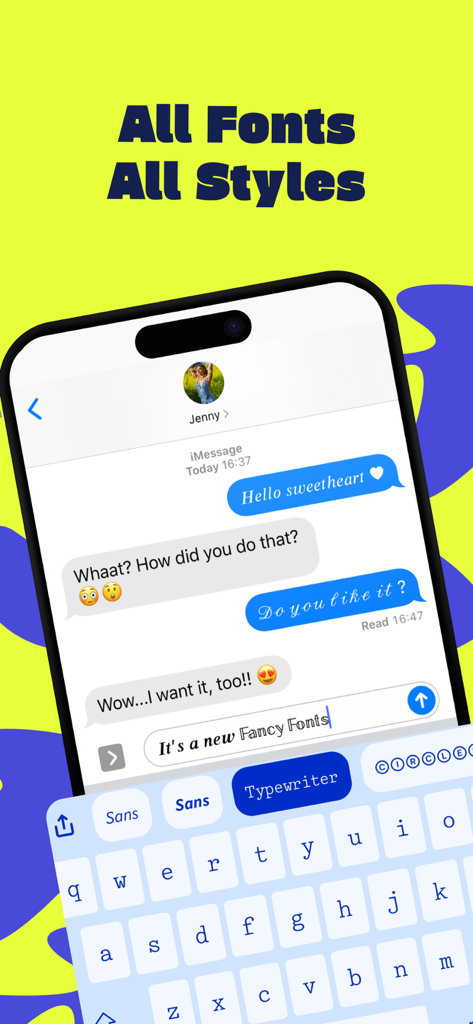 Fonts for iPhones & iPads - Pantalla de iPhone que muestra un teclado con fuentes personalizadas y varias fuentes de texto estilizadas utilizadas en una conversación de iMessage