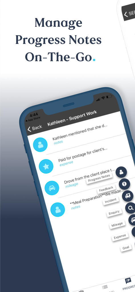 ShiftCare mobile interface for caregivers to document progress notes and track mileage on the go