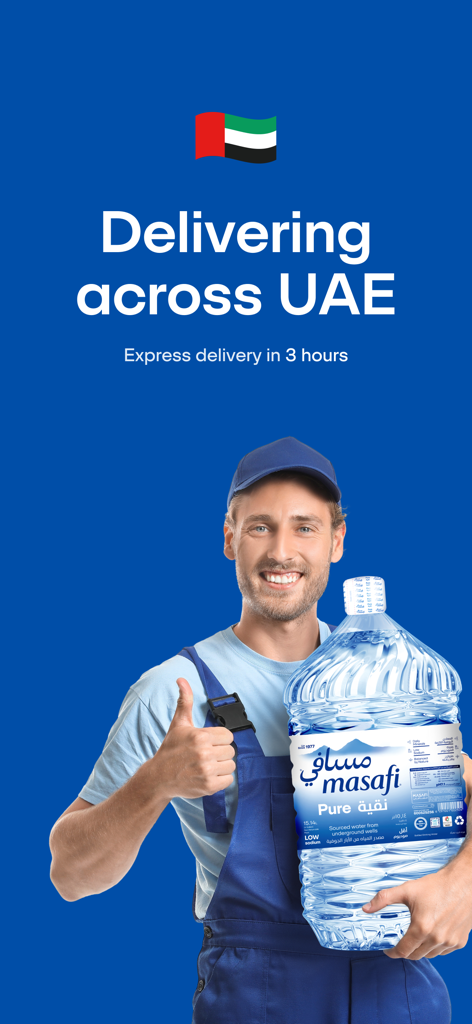 Masafi - A smiling delivery man holding a large Masafi water bottle with UAE flag and express delivery text