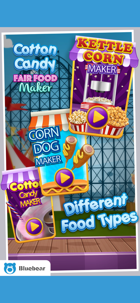 Cotton Candy!  - Maker Games - Menú que muestra diferentes máquinas de comida de feria, incluyendo palomitas de maíz, perritos calientes y algodón de azúcar