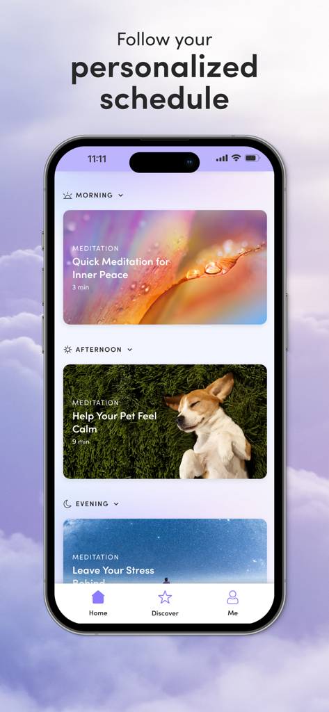 Roundglass Living: Wellbeing - Roundglass Living app interface showing a personalized daily wellbeing schedule with morning and evening meditation sessions.
