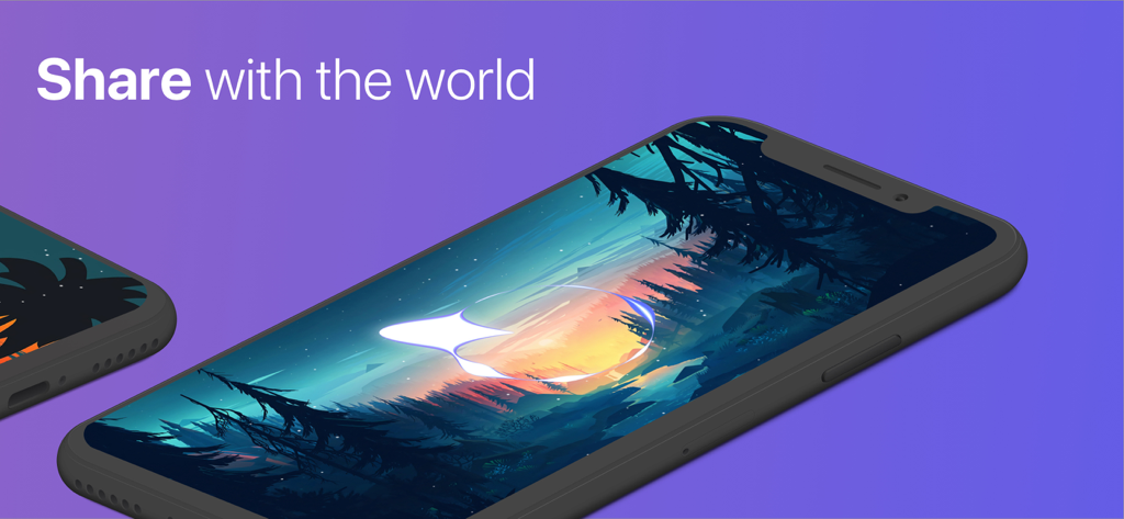 Un iPhone affichant l'application de visualiseur de musique Spectra avec une forme d'onde sur un arrière-plan de coucher de soleil forestier pittoresque